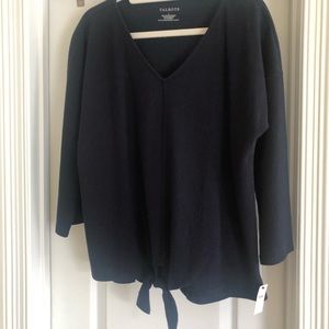 Talbots Navy Blue v neck 3/4 sleeve center tie middle front.